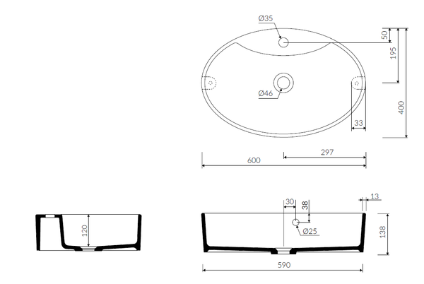 MOLY 60 UMYVADLO NA DESKU, š: 60 x hl: 40 x v: 13,8 cm, litý mramor